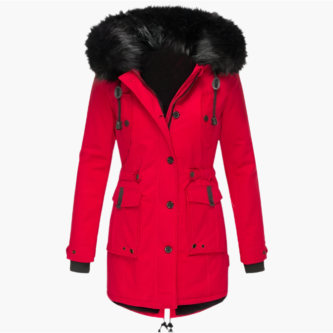 Women's Hooded Winter Parka with Plush Trim, Red – front view