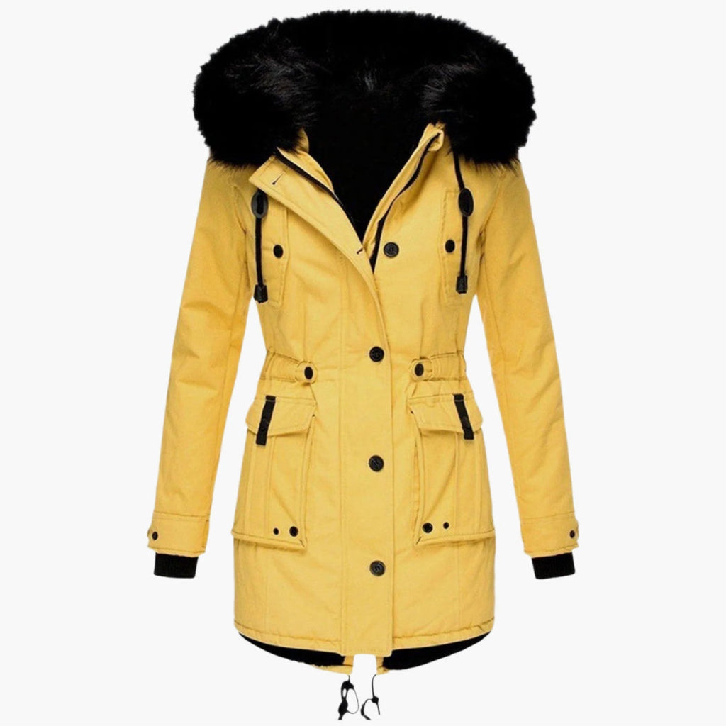 Women's Hooded Winter Parka with Plush Trim, Yellow – front view
