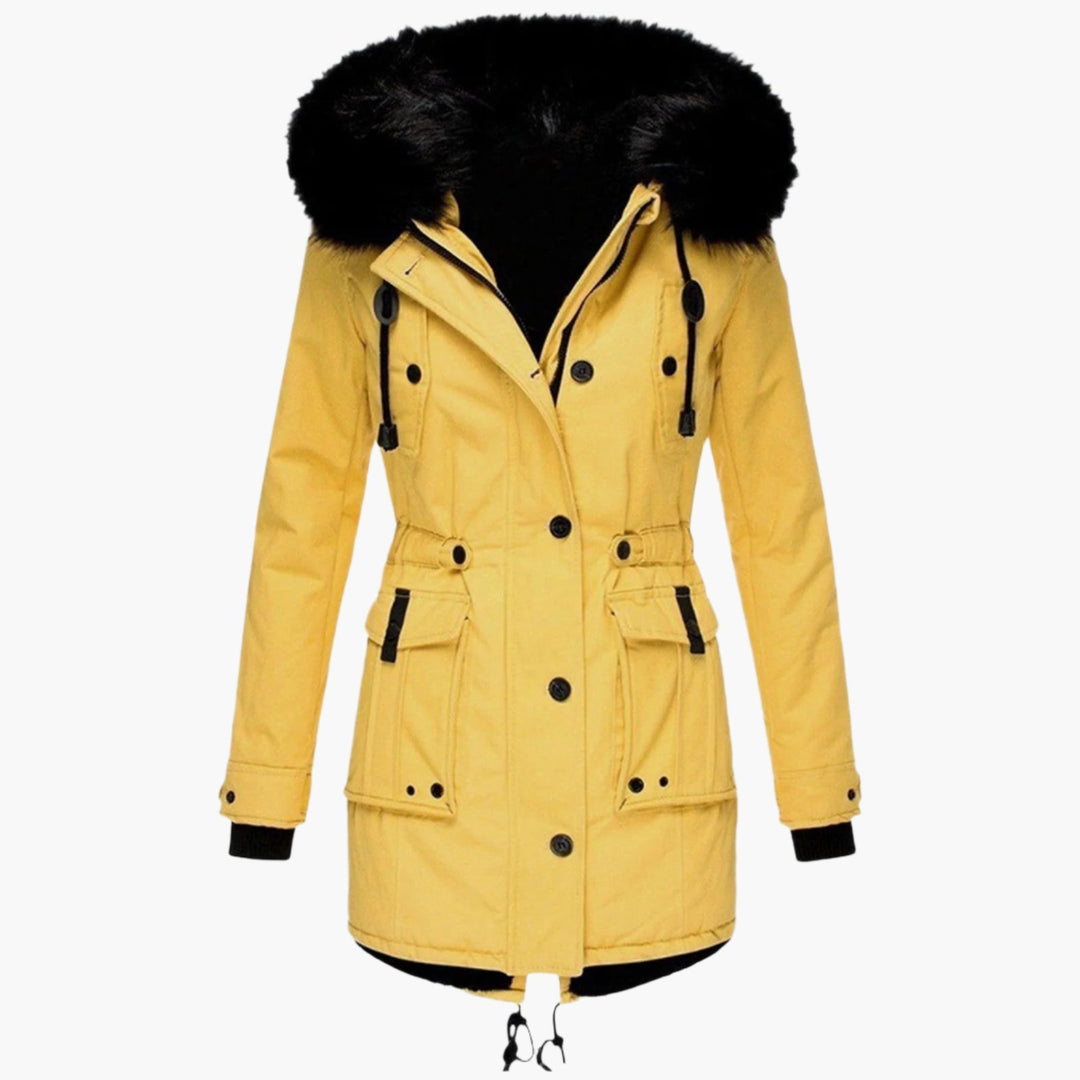 Women's Hooded Winter Parka with Plush Trim, Yellow – front view