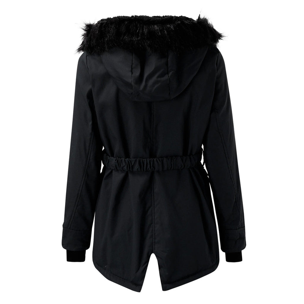 Women's Hooded Winter Parka with Plush Trim, Black – belted front view