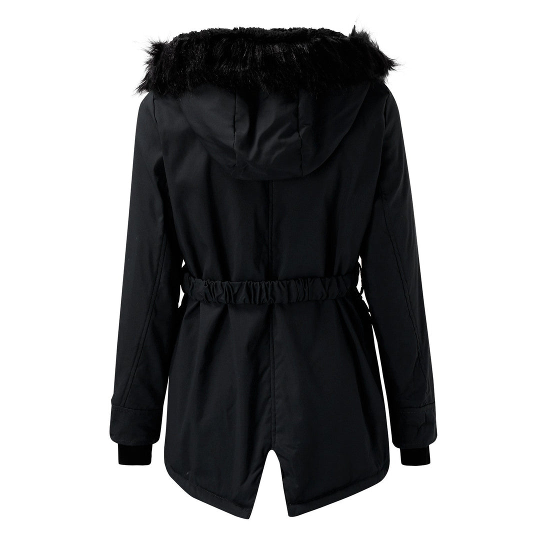 Women's Hooded Winter Parka with Plush Trim, Black – belted front view