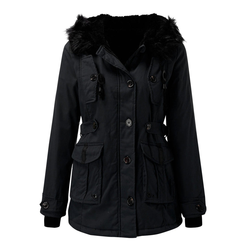 Women's Hooded Winter Parka with Plush Trim, Black – front view on model