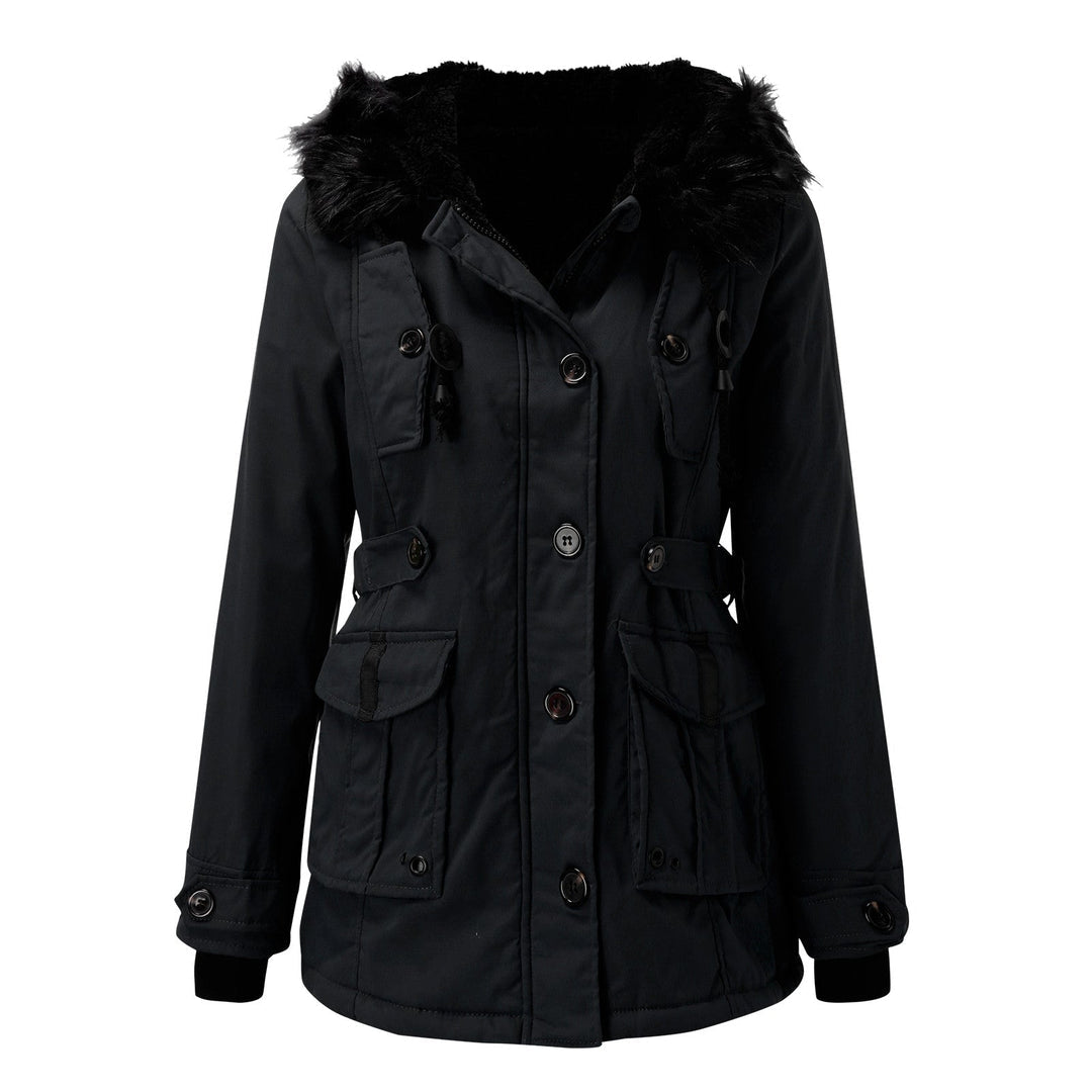 Women's Hooded Winter Parka with Plush Trim, Black – front view on model