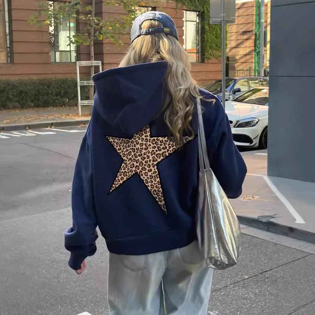 Women's Hoodie with Leopard Star Back Motif, Blue – back view on model