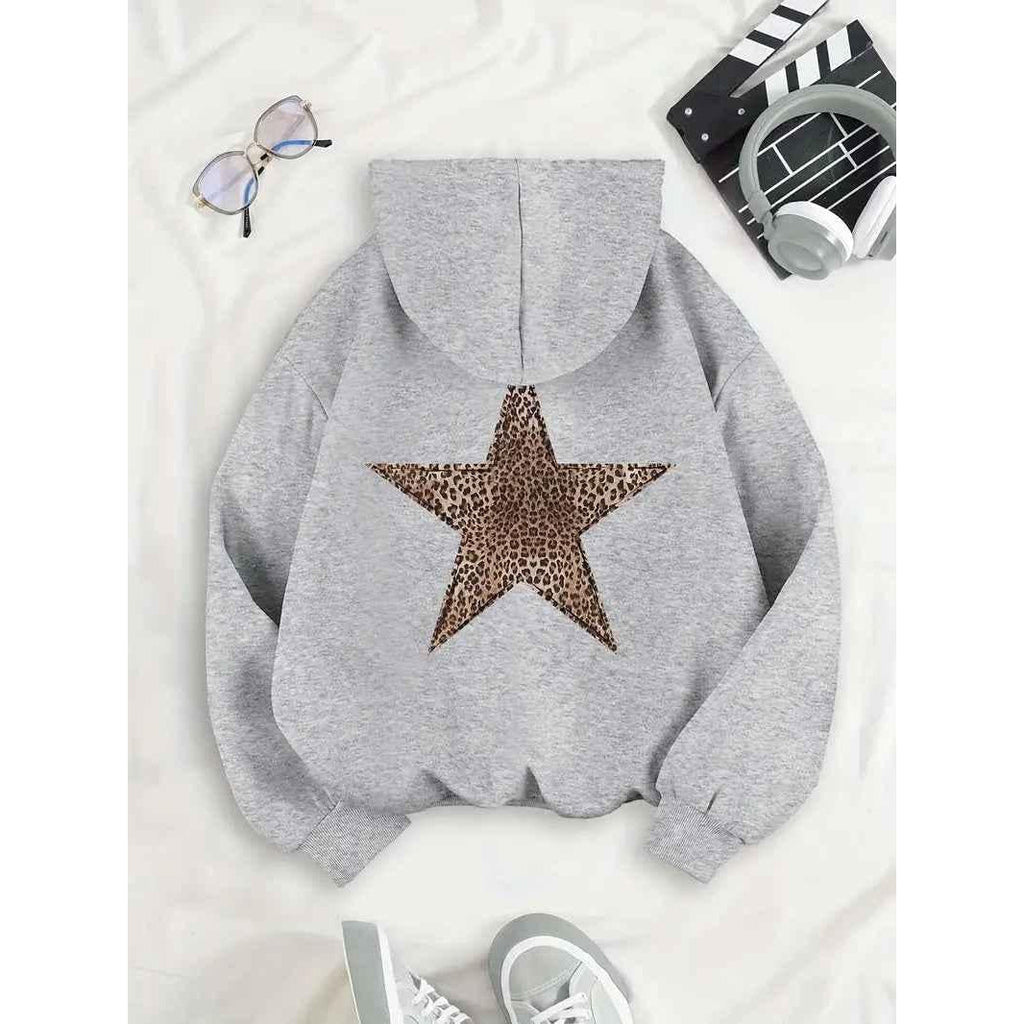 Women's Hoodie with Leopard Star Back Motif, Silver – back view flat lay