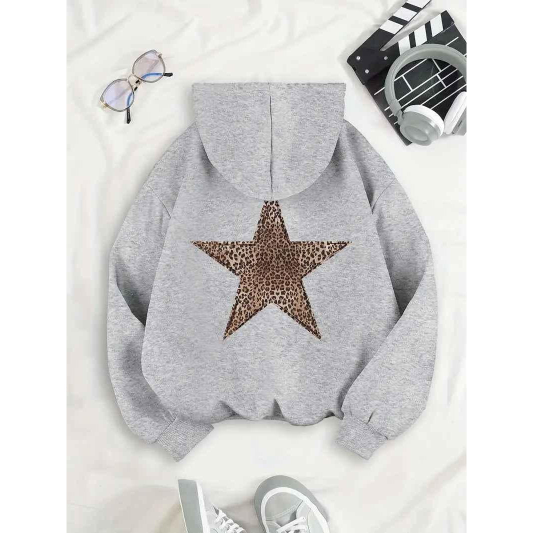 Women's Hoodie with Leopard Star Back Motif, Silver – back view flat lay