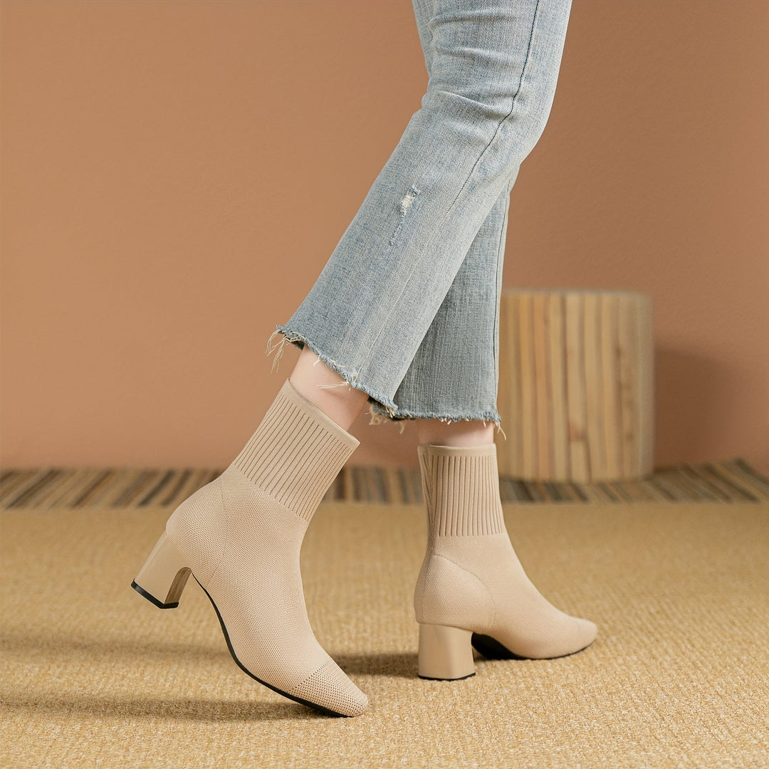 Women's Knit Sock Ankle Boots, Beige – side view on foot