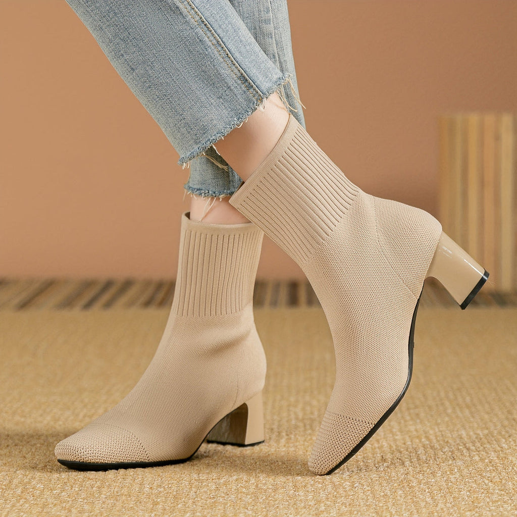 Women's Knit Sock Ankle Boots, Beige – front view on foot