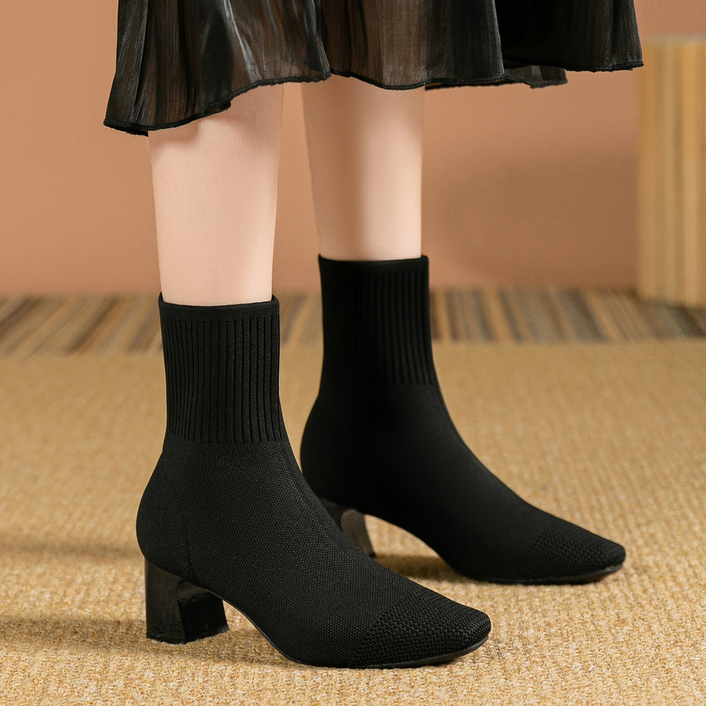 Women's Knit Sock Ankle Boots, Black – on foot view