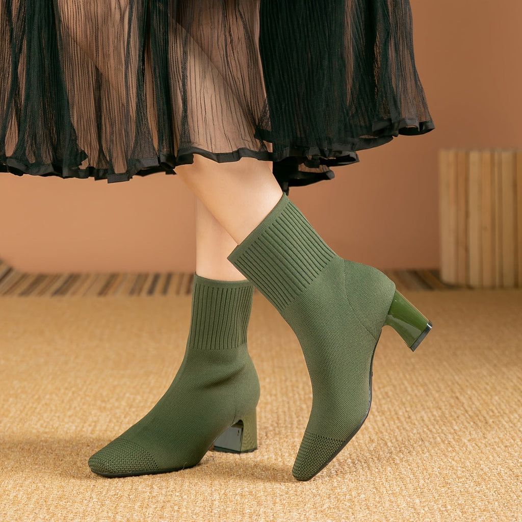 Women's Knit Sock Ankle Boots, Green – on foot view