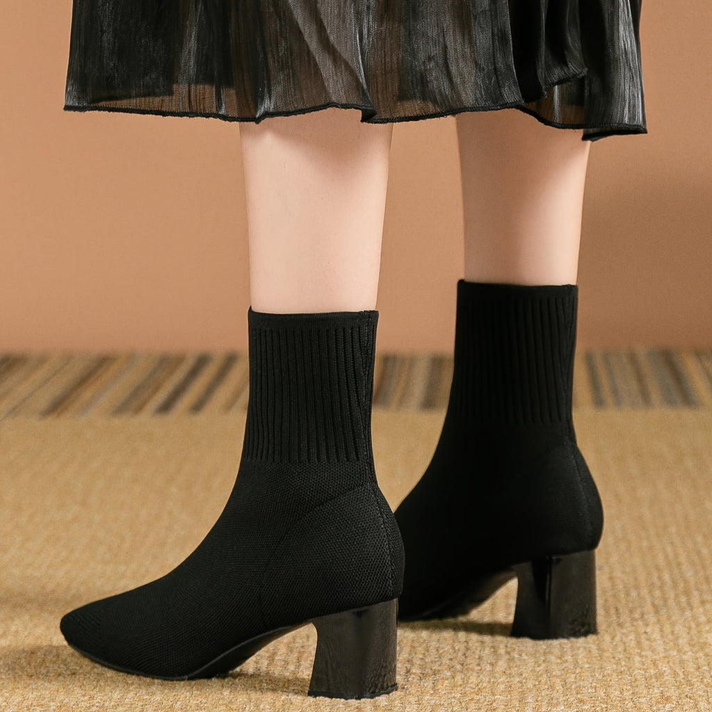 Women's Knit Sock Ankle Boots, Black – front view