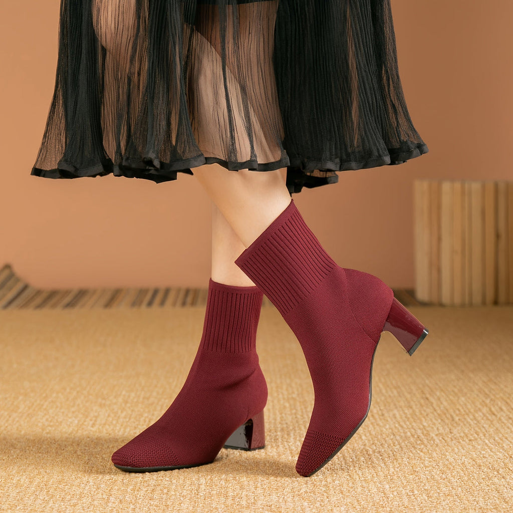 Women's Knit Sock Ankle Boots, Red – on foot view