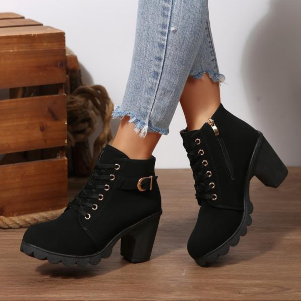 Women's Lace-Up Ankle Boots with Block Heel, Black – front view