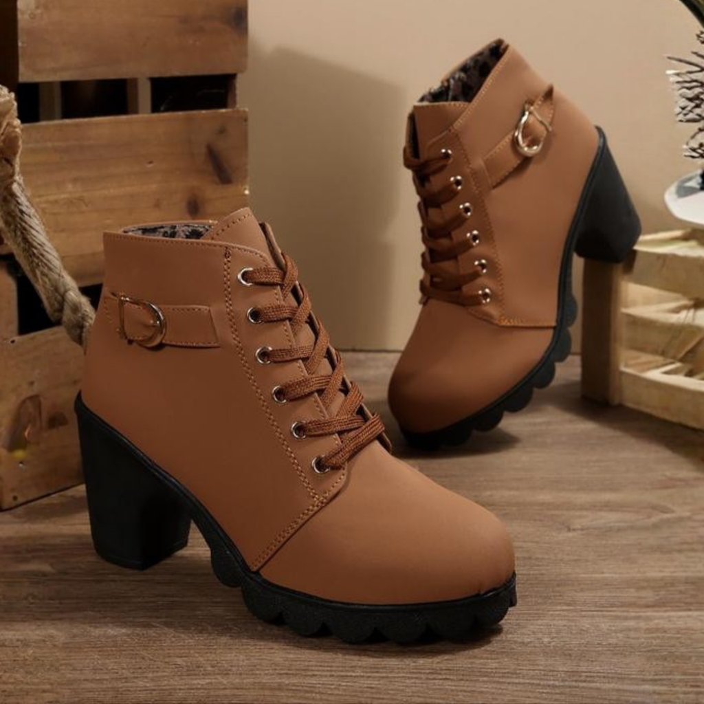 Women's Lace-Up Ankle Boots with Block Heel, Brown – front view