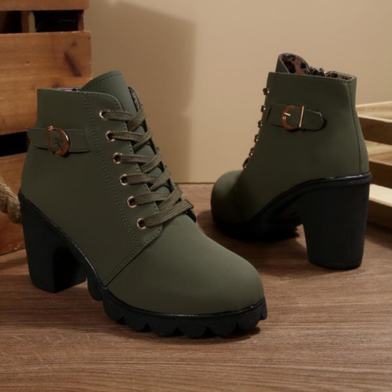 Women's Lace-Up Ankle Boots with Block Heel, Army Green – front view