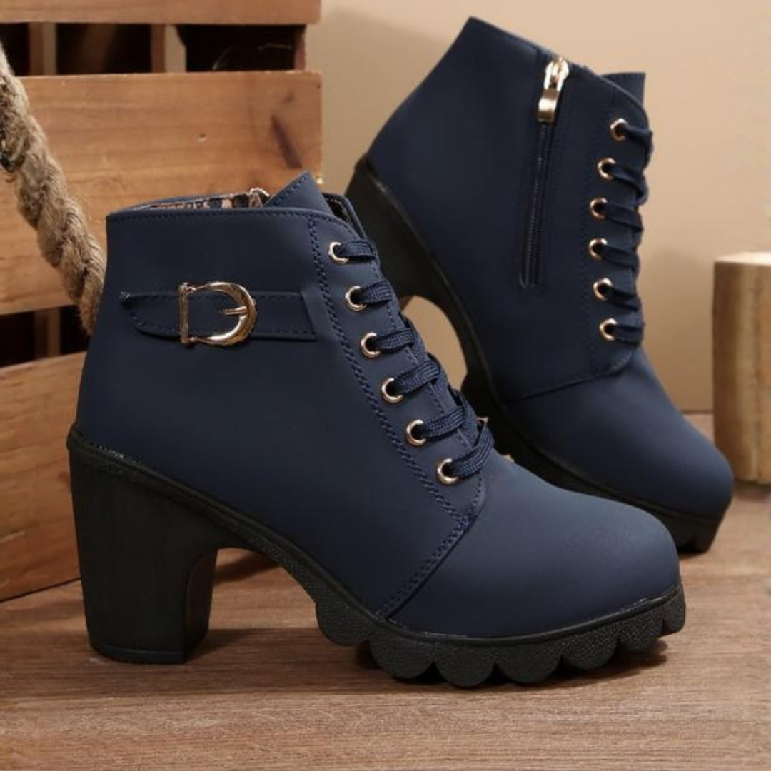 Women's Lace-Up Ankle Boots with Block Heel, Blue – front view