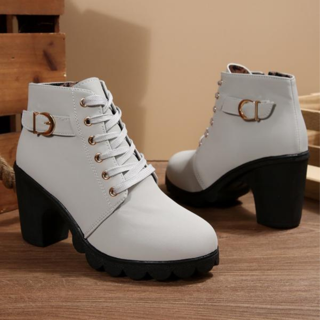 Women's Lace-Up Ankle Boots with Block Heel, Gray – front view