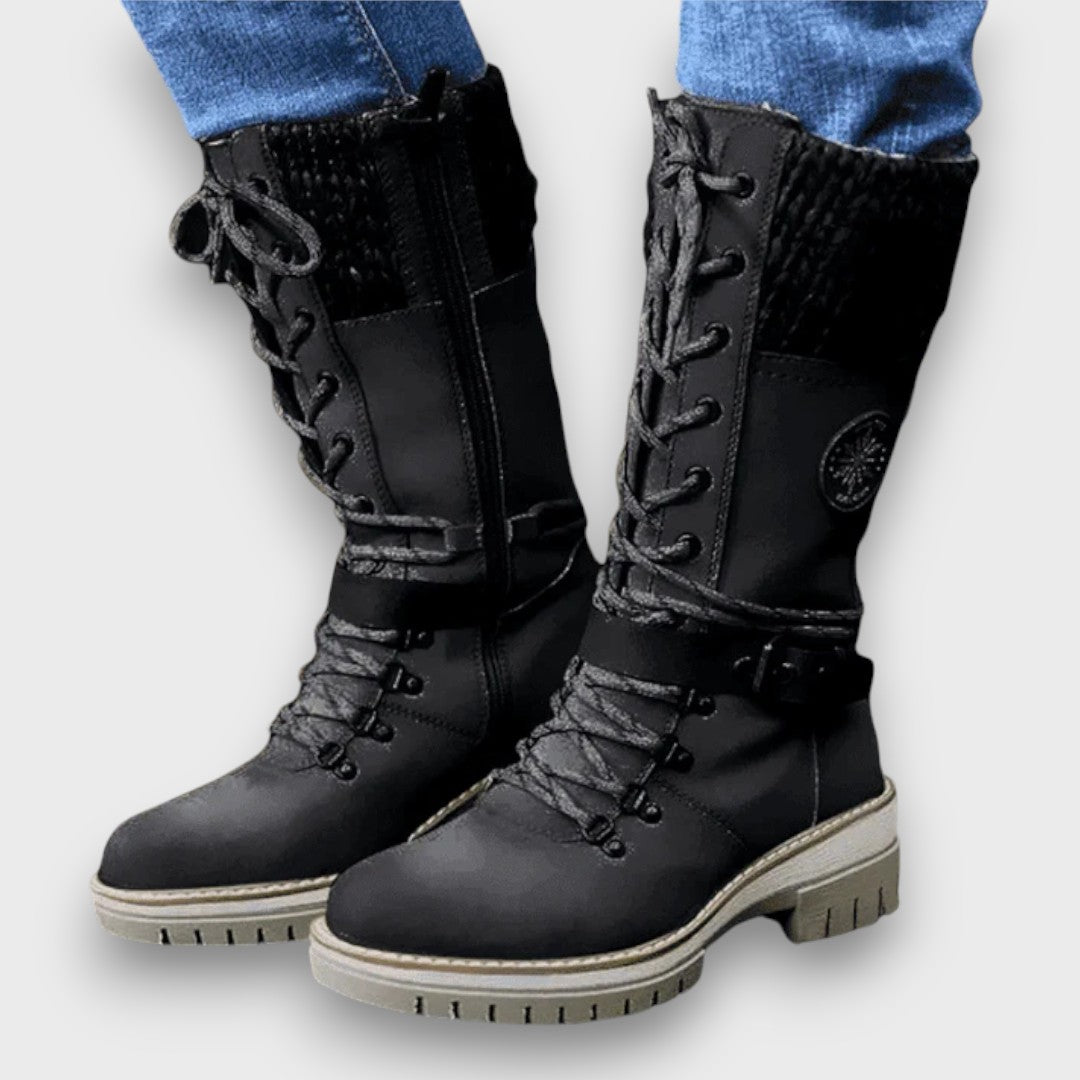 Women's Lace-Up Winter Boots with Knit Cuff, Black – front view