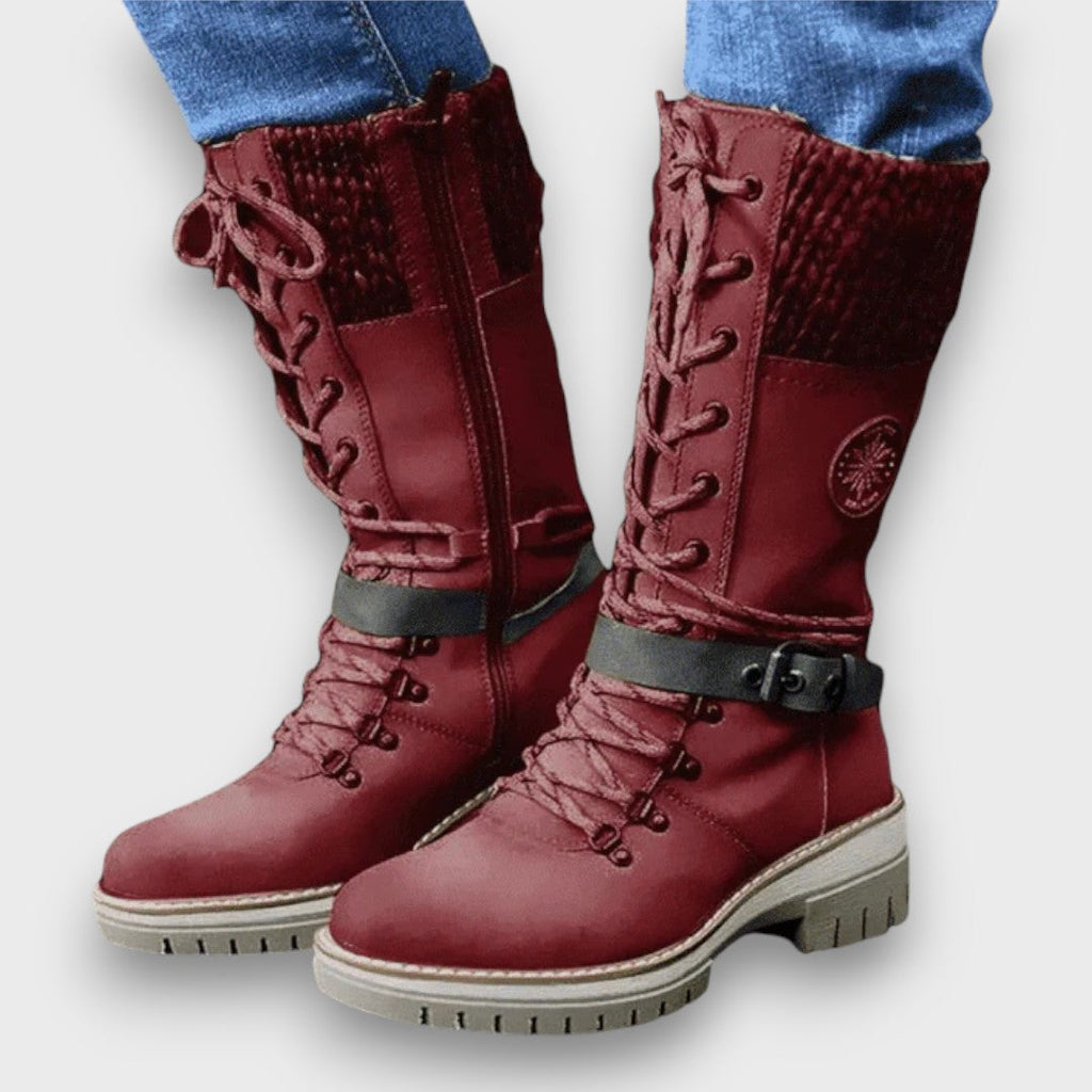 Women's Lace-Up Winter Boots with Knit Cuff, Red – front view