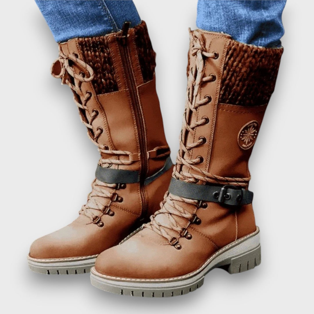 Women's Lace-Up Winter Boots with Knit Cuff, Brown – front view
