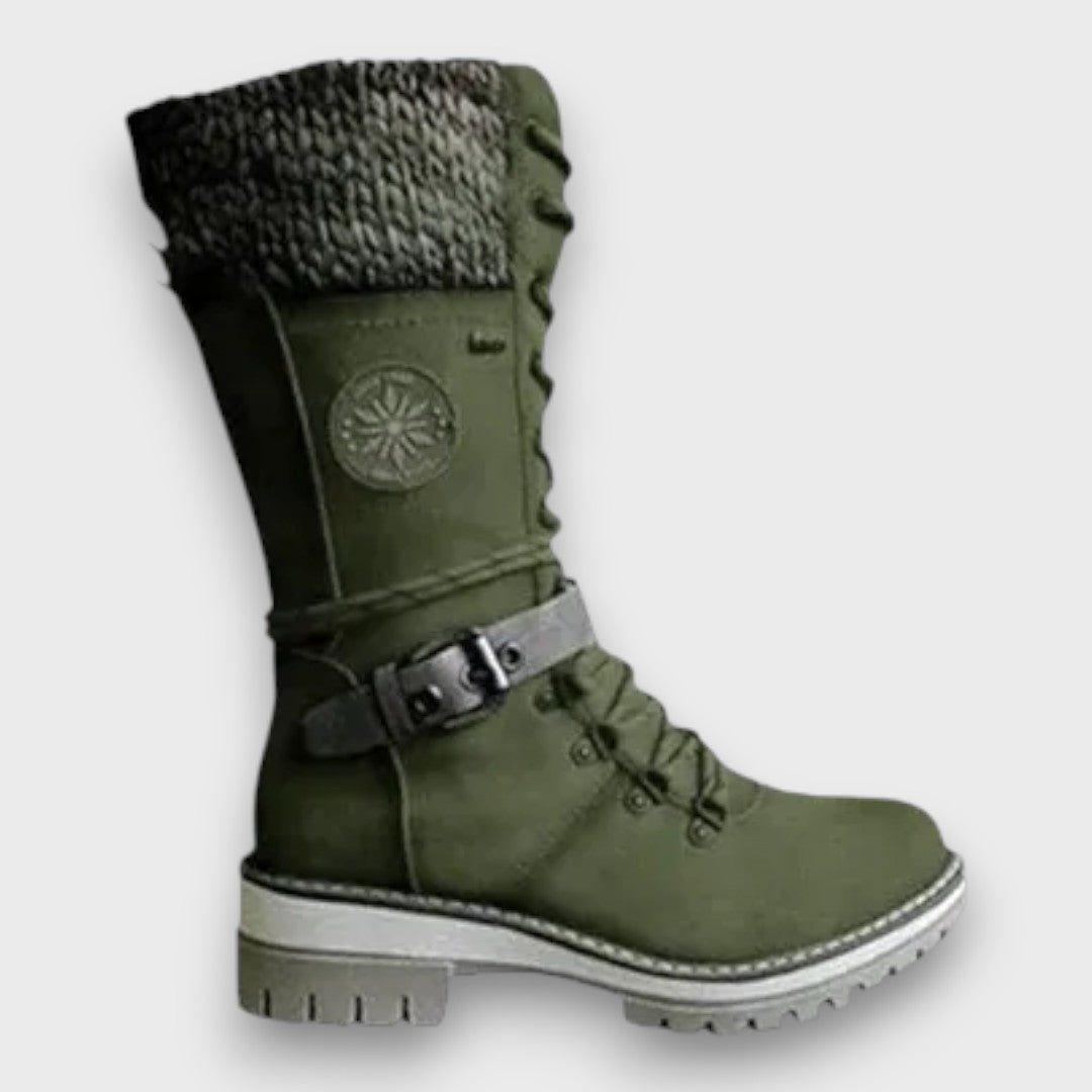 Women's Lace-Up Winter Boots with Knit Cuff, Green – front view