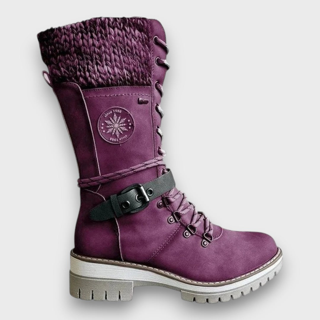 Women's Lace-Up Winter Boots with Knit Cuff, Purple – front view