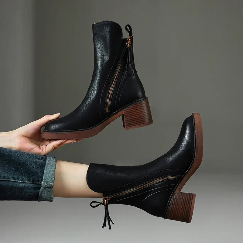 Women's Leather Look Ankle Boots with Block Heel, Black – front view