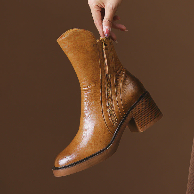Women's Leather Look Ankle Boots with Block Heel, Brown – zip detail
