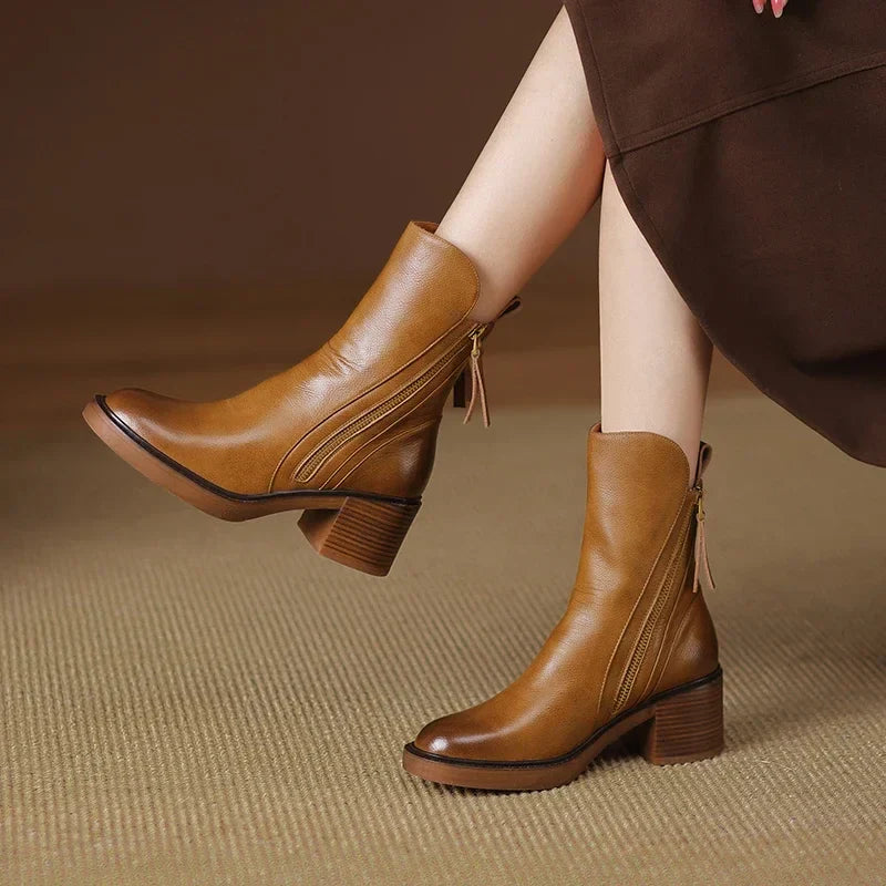 Women's Leather Look Ankle Boots with Block Heel, Brown – front view