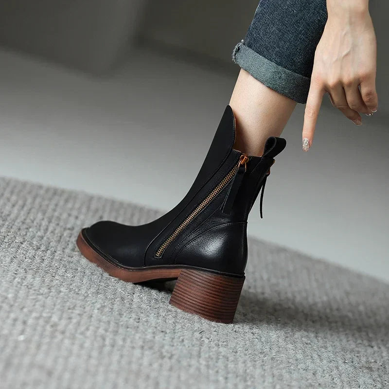 Women's Leather Look Ankle Boots with Block Heel, Black – side view on foot