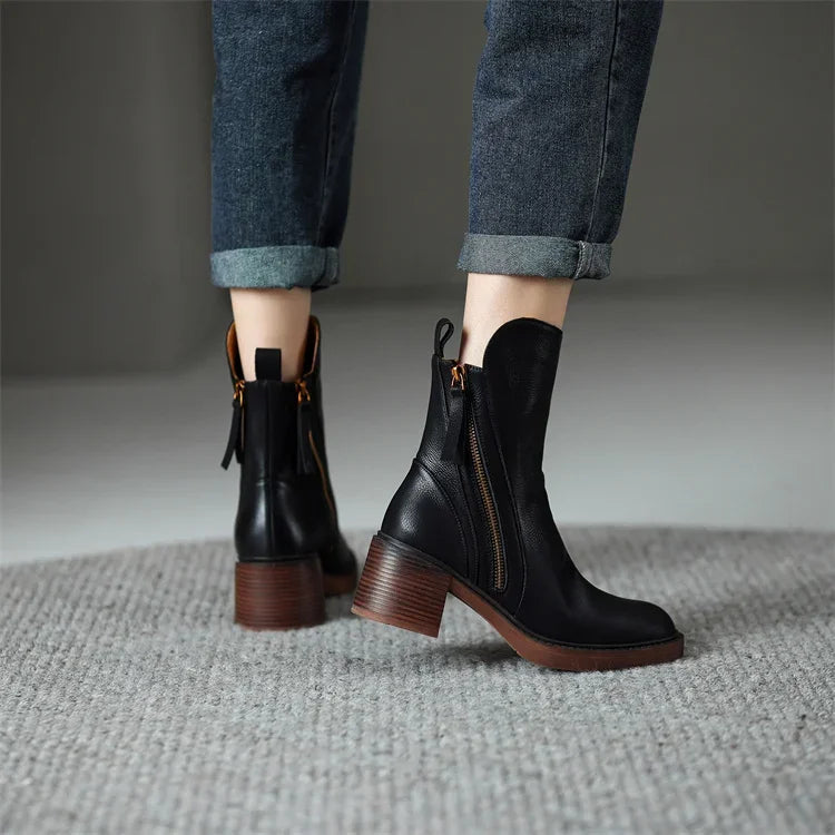 Women's Leather Look Ankle Boots with Block Heel, Black – front view on foot