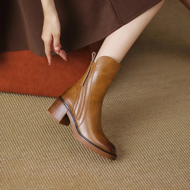 Women's Leather Look Ankle Boots with Block Heel, Brown – angled view on foot