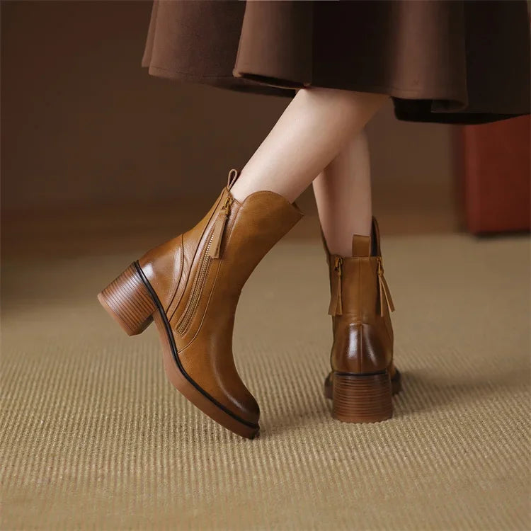 Women's Leather Look Ankle Boots with Block Heel, Brown – front view on foot