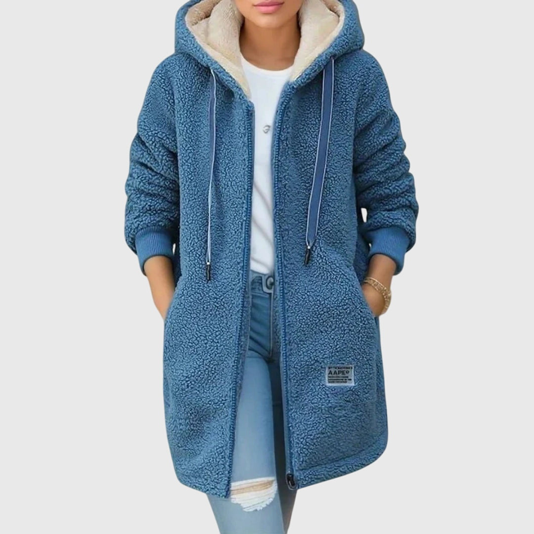 Women's Long Hooded Fleece Jacket, Blue – front view