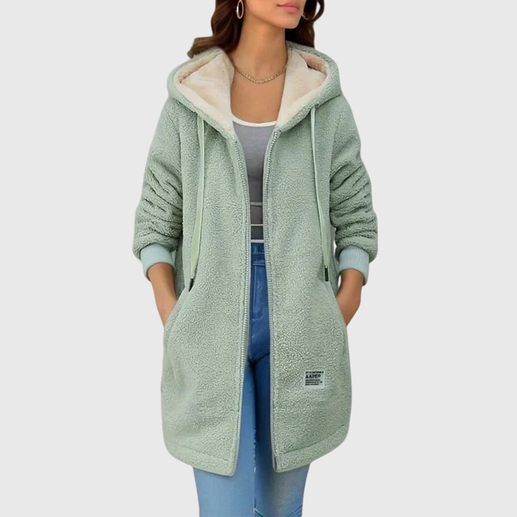 Women's Long Hooded Fleece Jacket, Green – front view