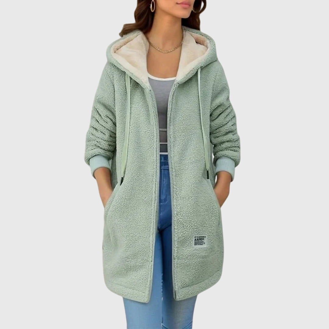 Women's Long Hooded Fleece Jacket, Green – front view