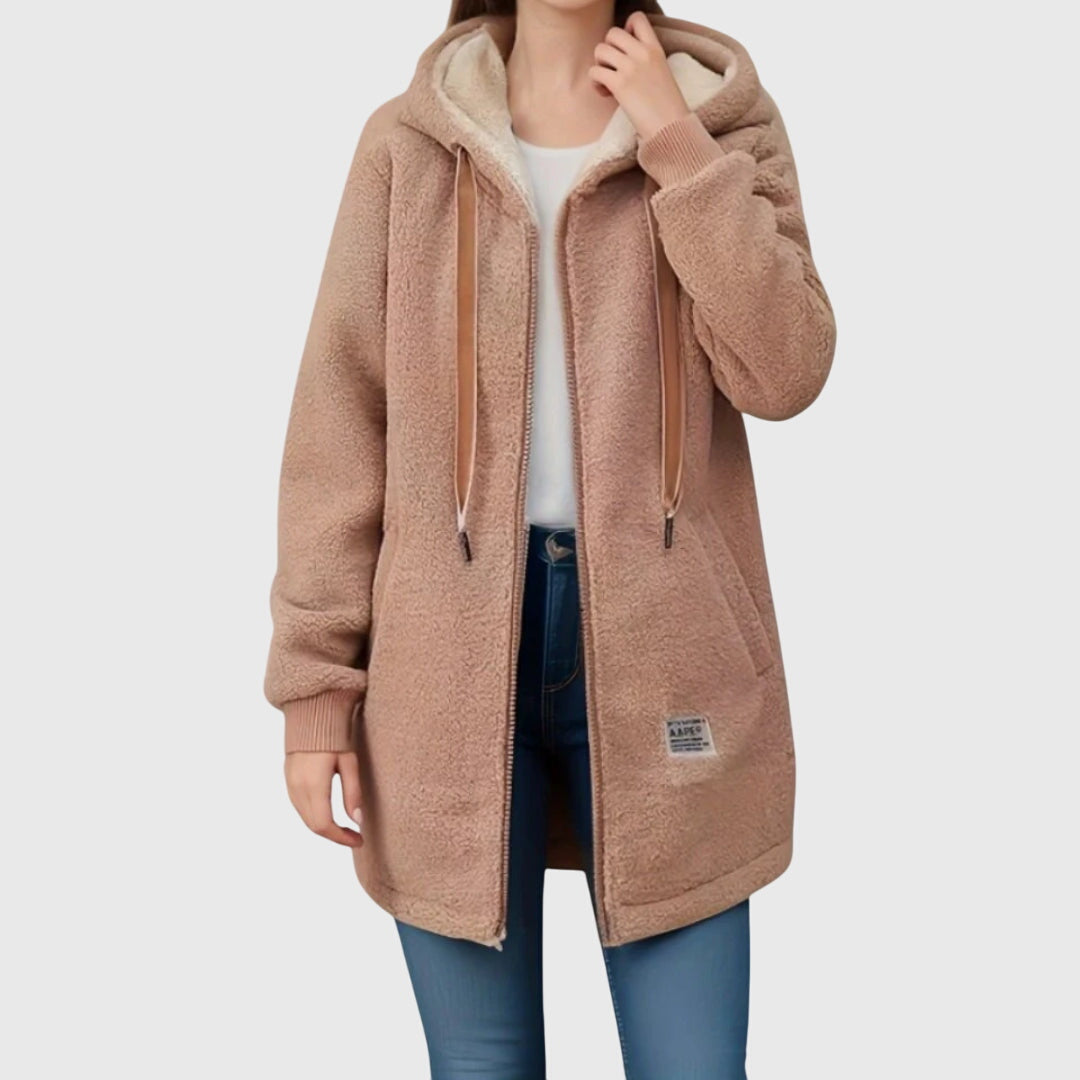 Women's Long Hooded Fleece Jacket, Brown – front view