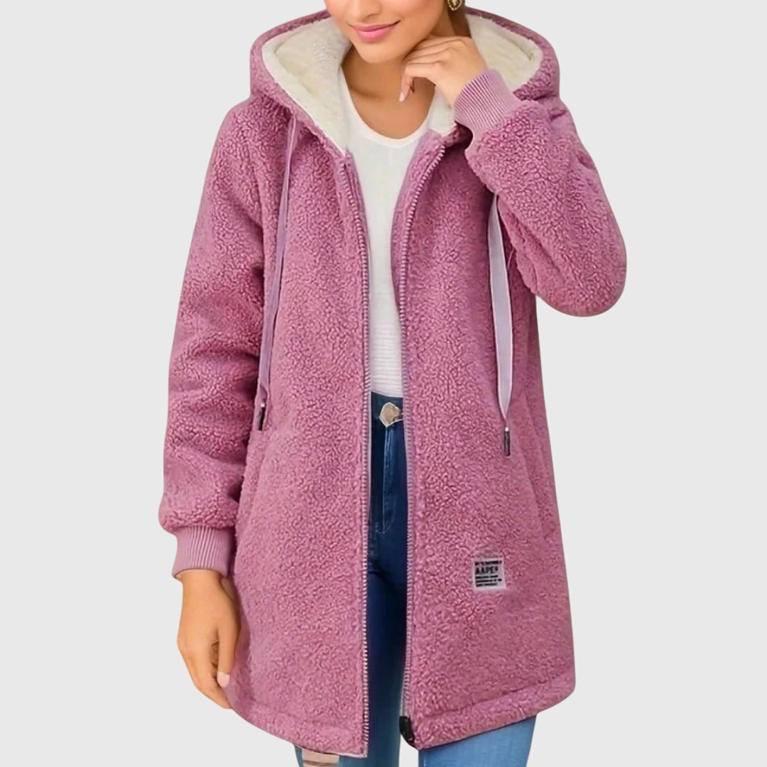Women's Long Hooded Fleece Jacket, Pink – front view