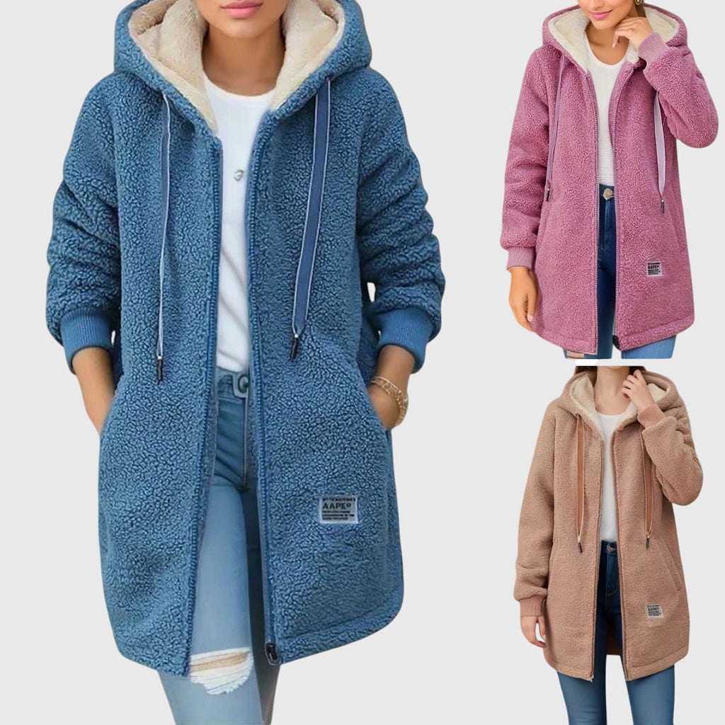 Women's Long Hooded Fleece Jacket, Blue, pink and brown – color overview