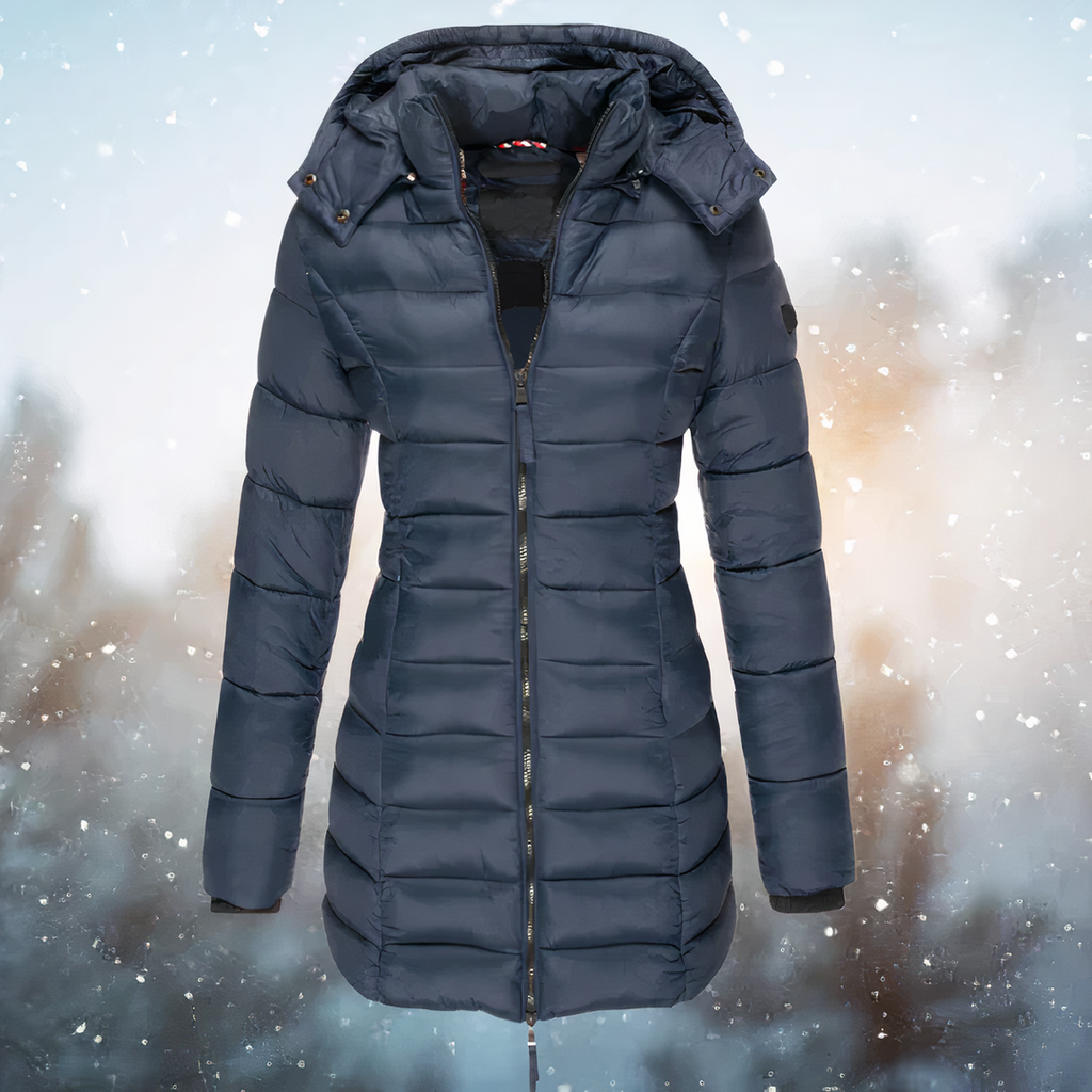 Women's Long Hooded Puffer Coat, Blue – front view