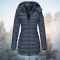 Women's Long Hooded Puffer Coat, Blue – front view