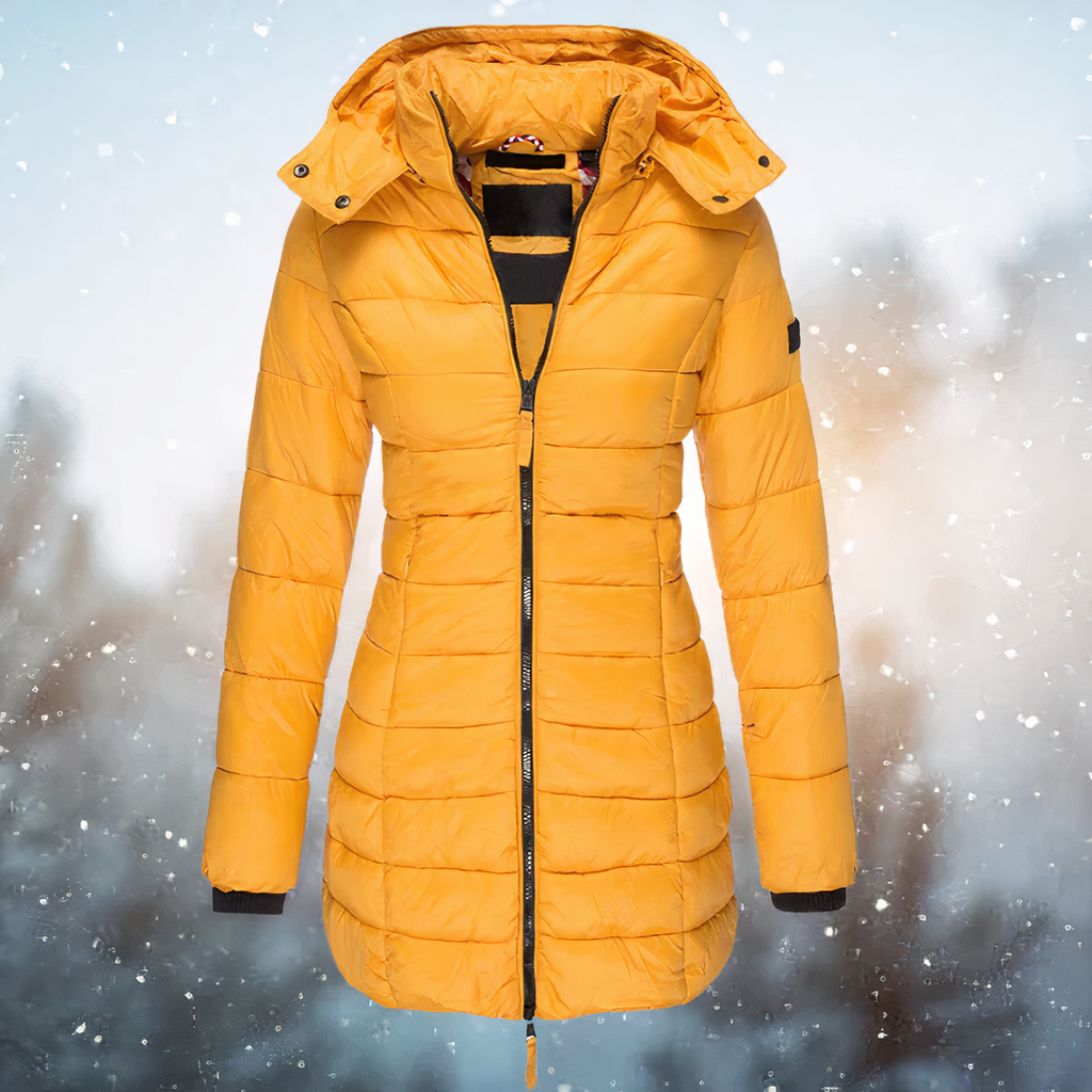 Women's Long Hooded Puffer Coat, Yellow – front view