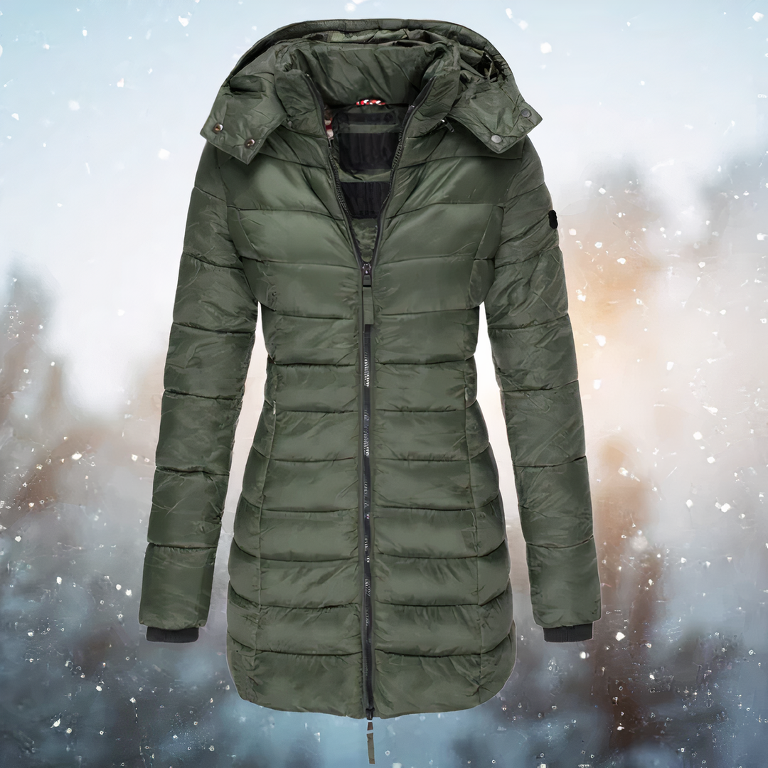 Women's Long Hooded Puffer Coat, Green – front view