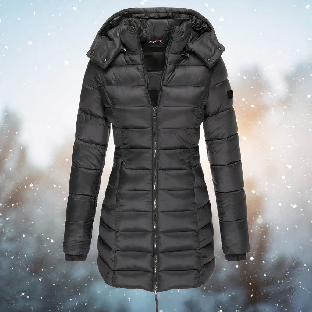 Women's Long Hooded Puffer Coat, Black – front view
