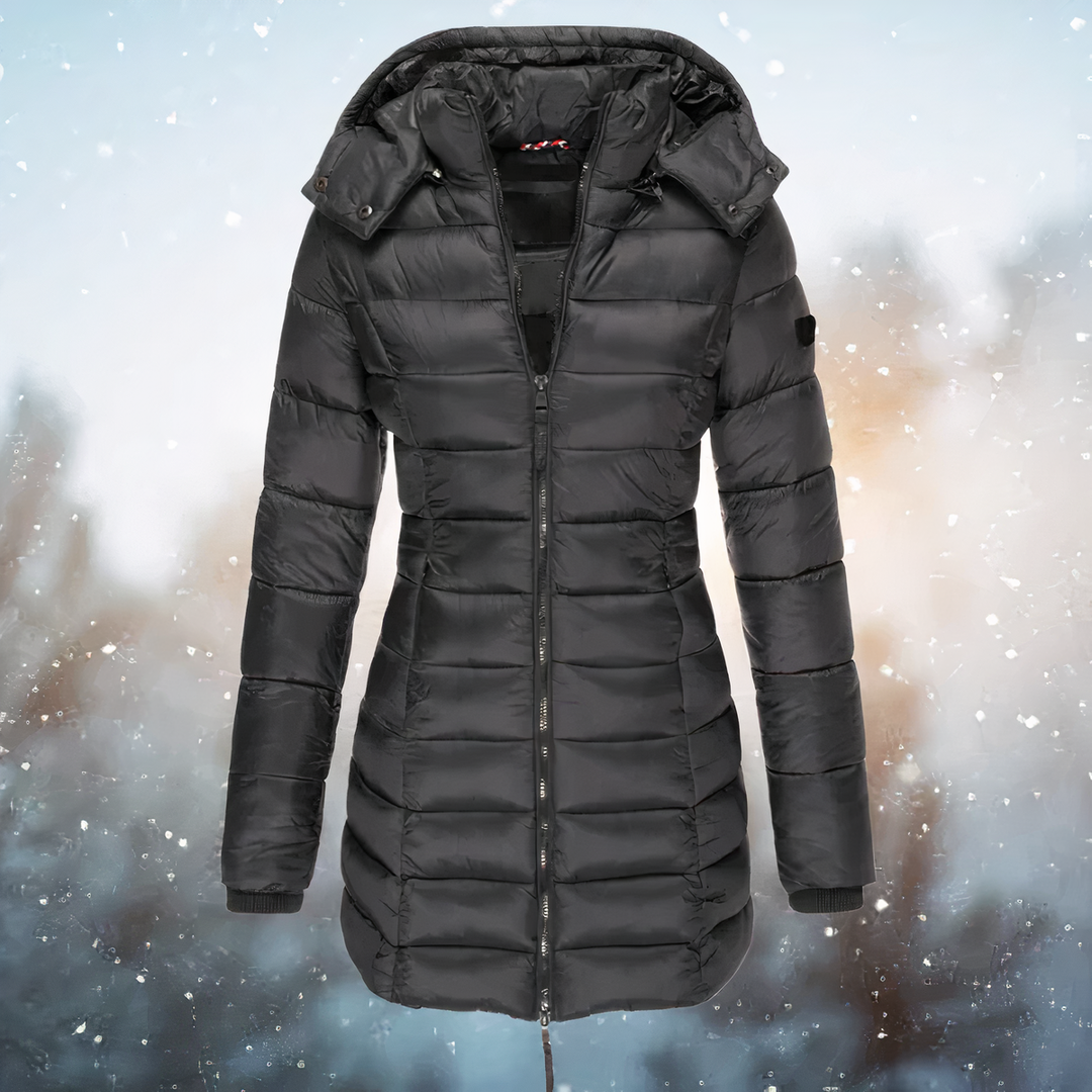 Women's Long Hooded Puffer Coat, Black – front view
