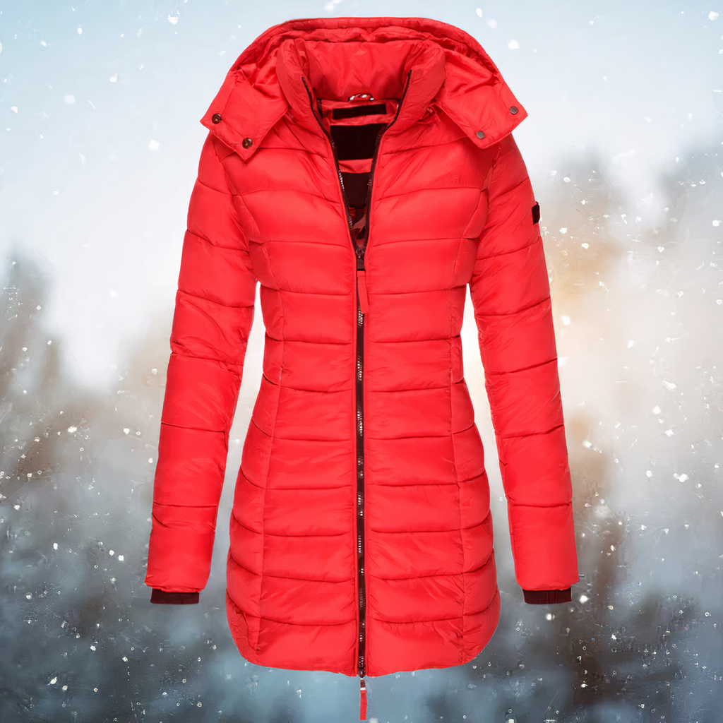 Women's Long Hooded Puffer Coat, Red – front view