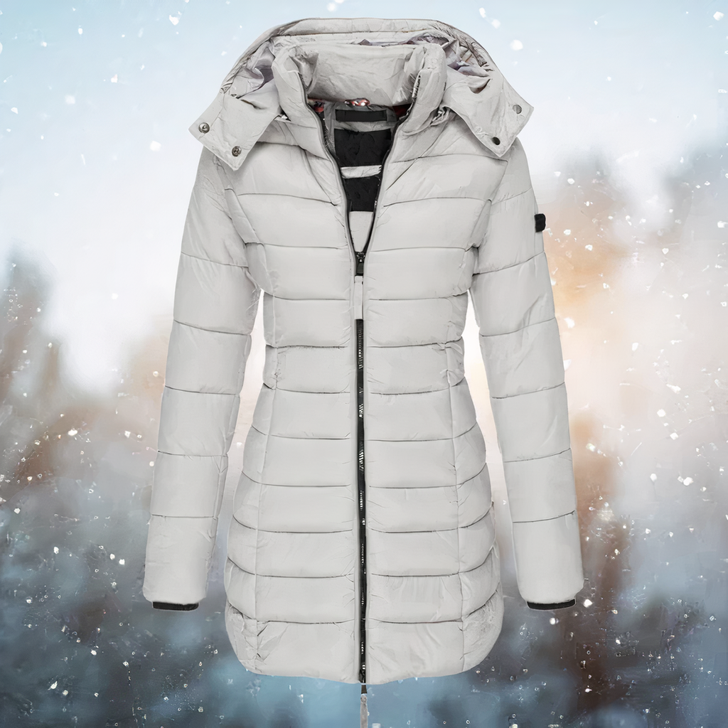 Women's Long Hooded Puffer Coat, Gray – front view