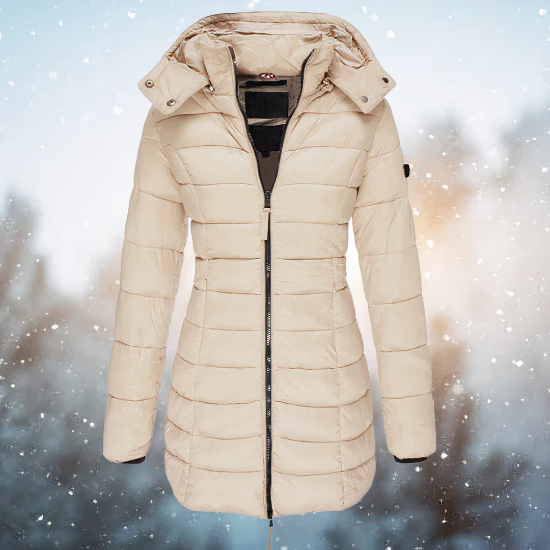 Women's Long Hooded Puffer Coat, Khaki – front view