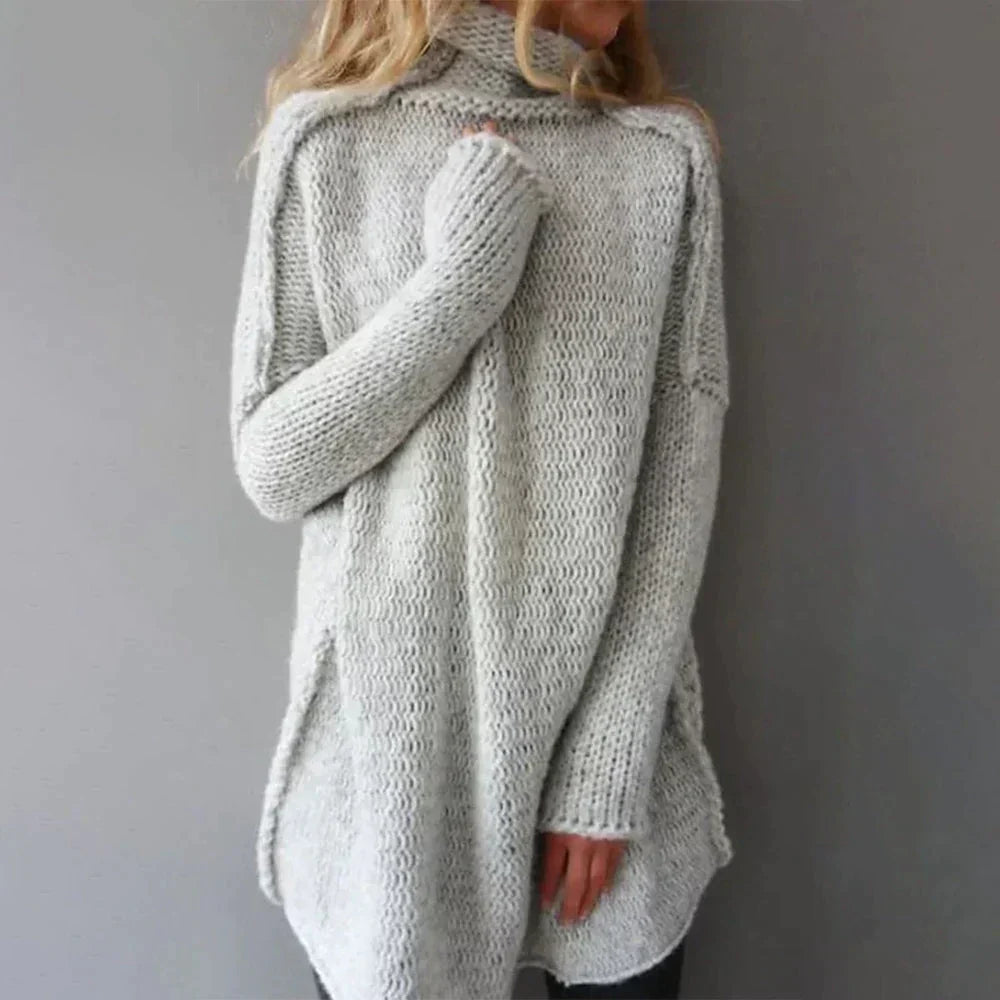 Women's Long Oversized Turtleneck Sweater, Front view in gray