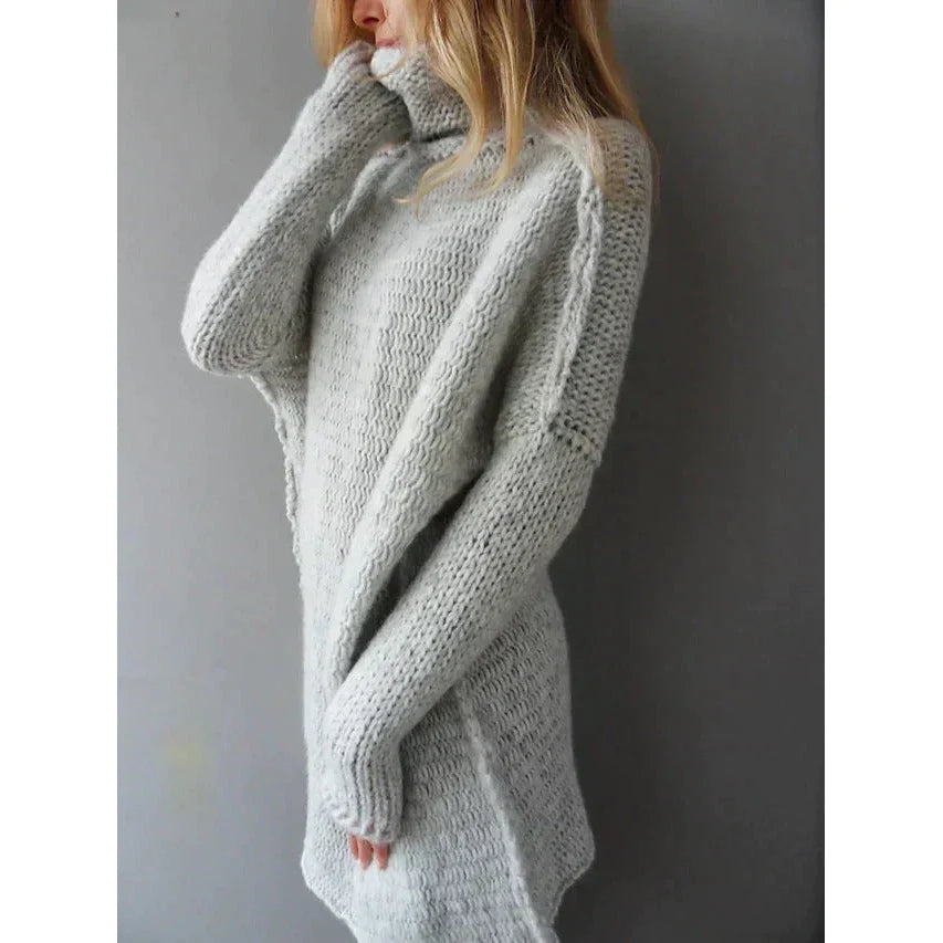Women's Long Oversized Turtleneck Sweater, Full length view in gray